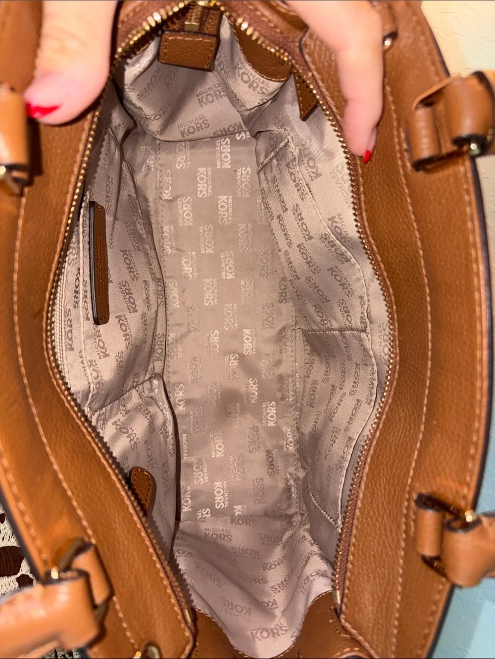 Michael Kors Brown Handbag with Yellow Woven Stripes